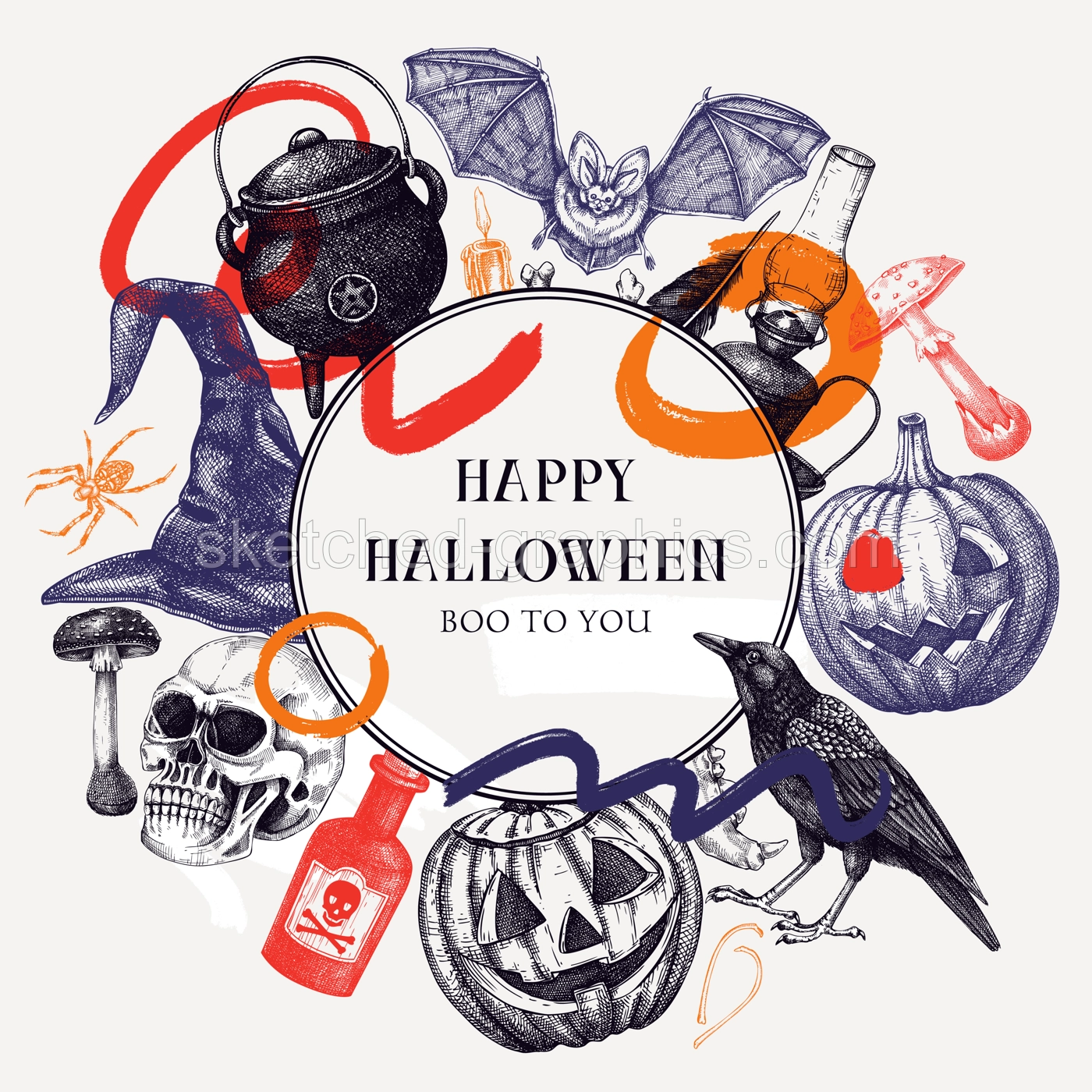 Collage style Halloween invitation design template. Skull, bones, Halloween pumpkin, poisonous mushrooms, snakes, raven sketches. Abstract design elements. Hand drawn vector illustration. Trendy Illustration